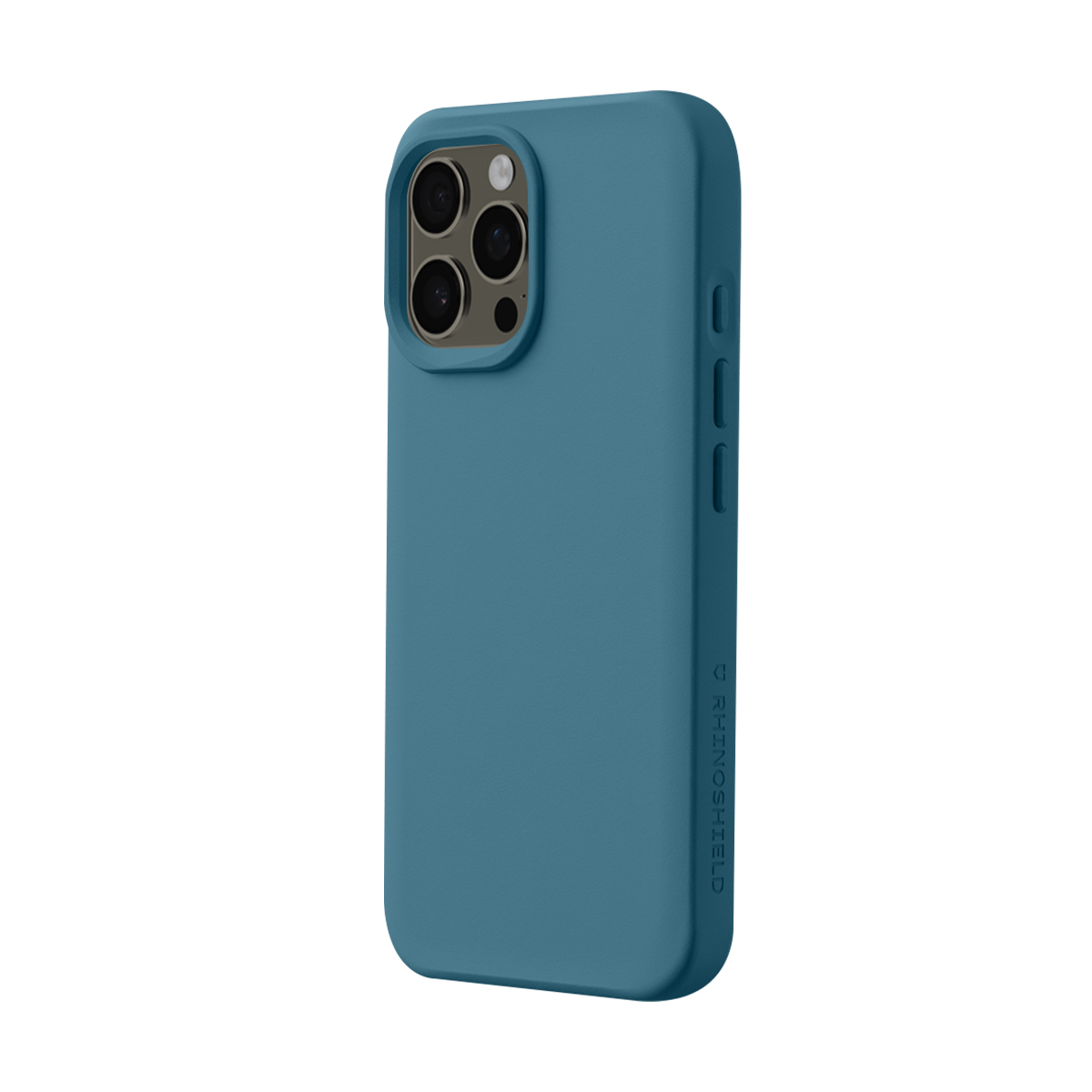 Une coque de téléphone bleue avec trois objectifs photo au dos.