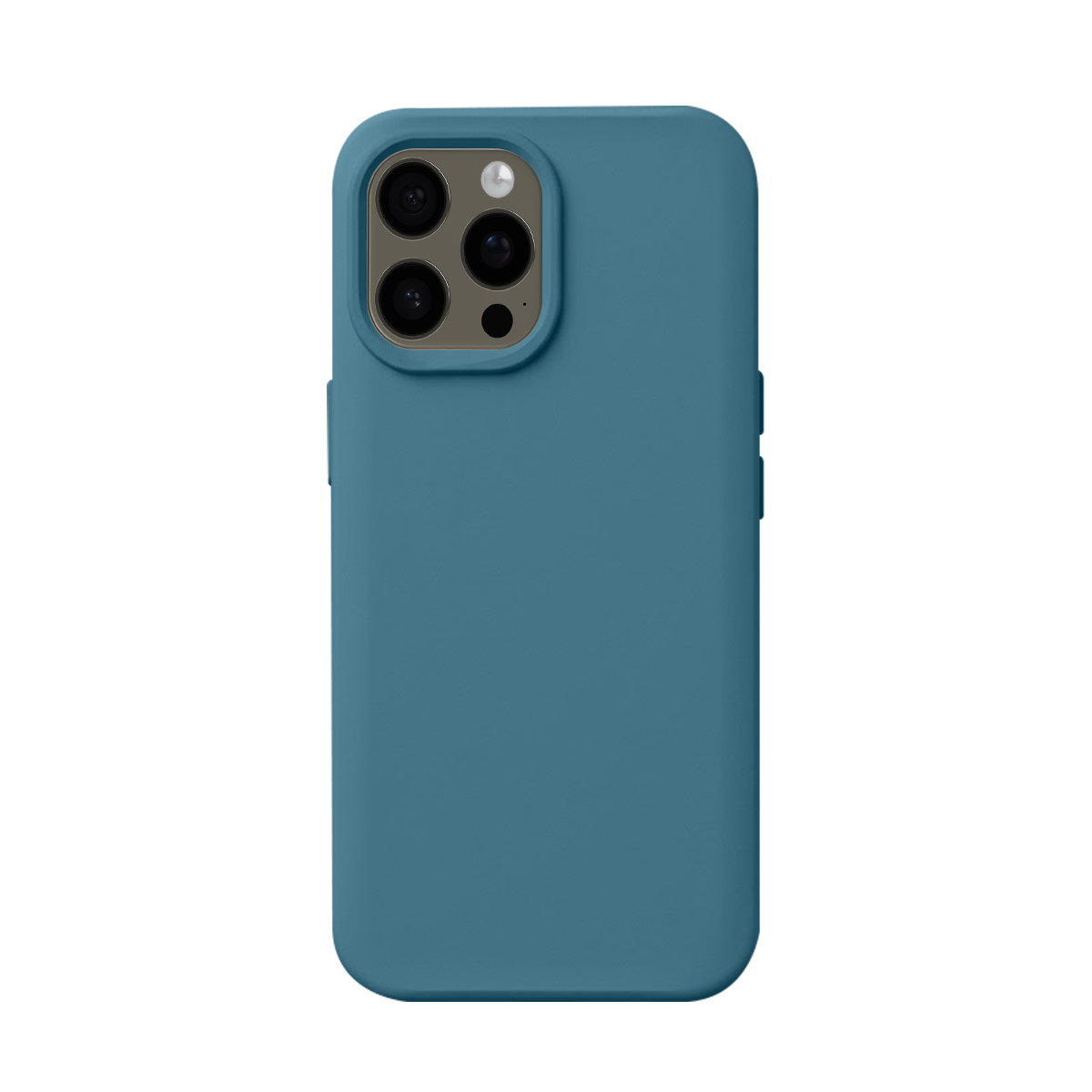 Une coque de téléphone bleue avec une ouverture triple caméra et flash.