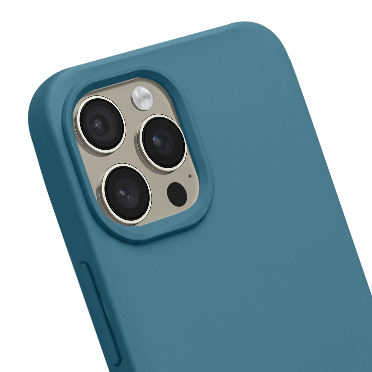 Une coque de téléphone bleue avec un module caméra triple objectif.