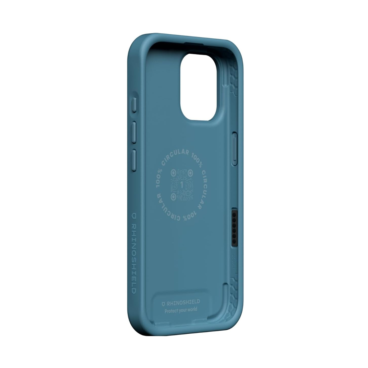Une coque de téléphone bleue avec impression circulaire et logos.