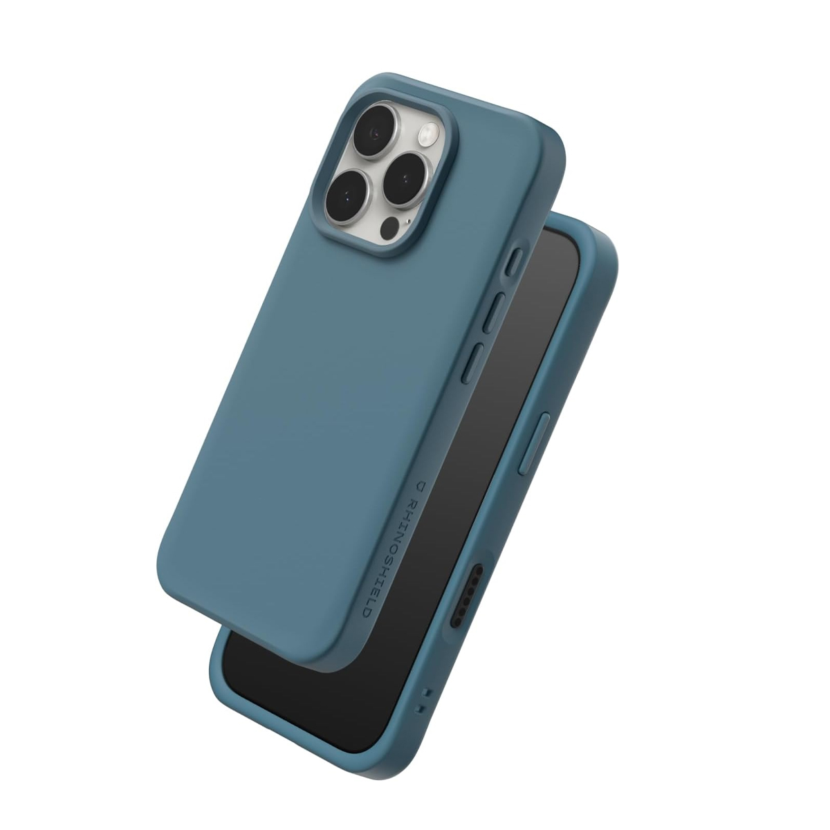Une coque de téléphone bleue avec trois caméras repose sur un smartphone noir.