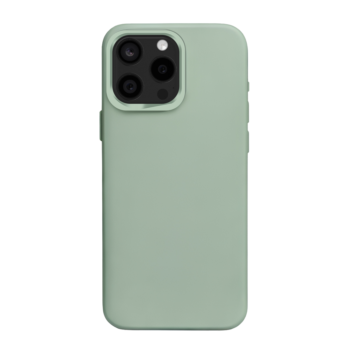 Coque de téléphone vert clair avec triple appareil photo et flash, sur fond blanc.