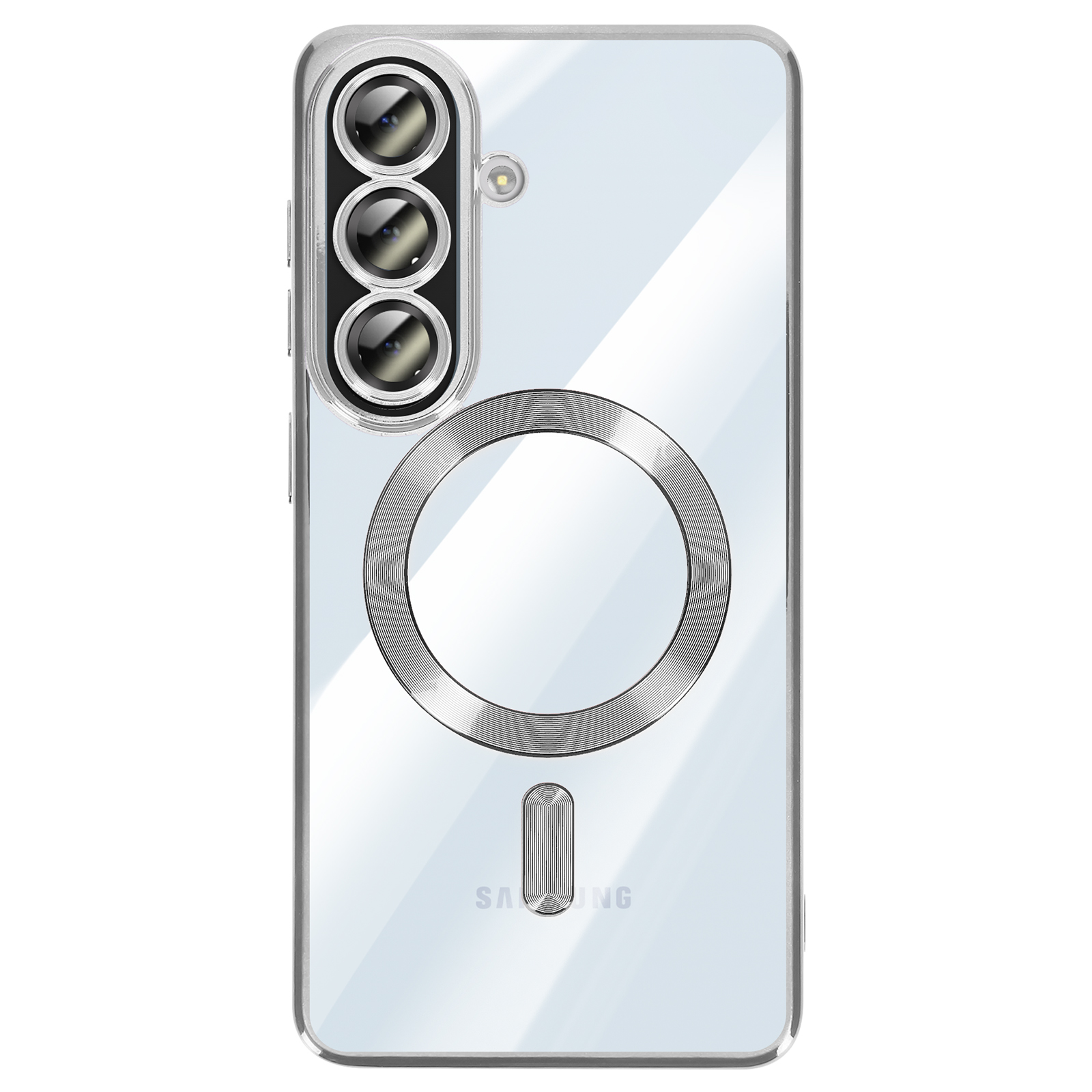 Coque de téléphone transparente avec triple appareil photo et anneau magnétique.