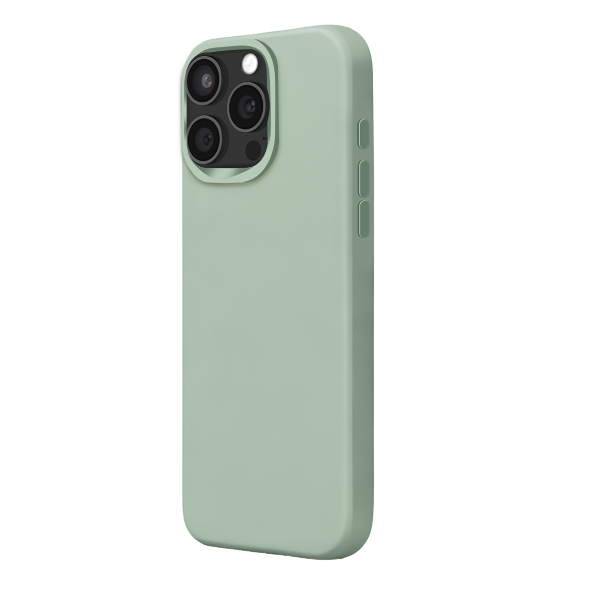 Une coque de téléphone vert clair avec découpe pour objectif de caméra sur fond blanc.