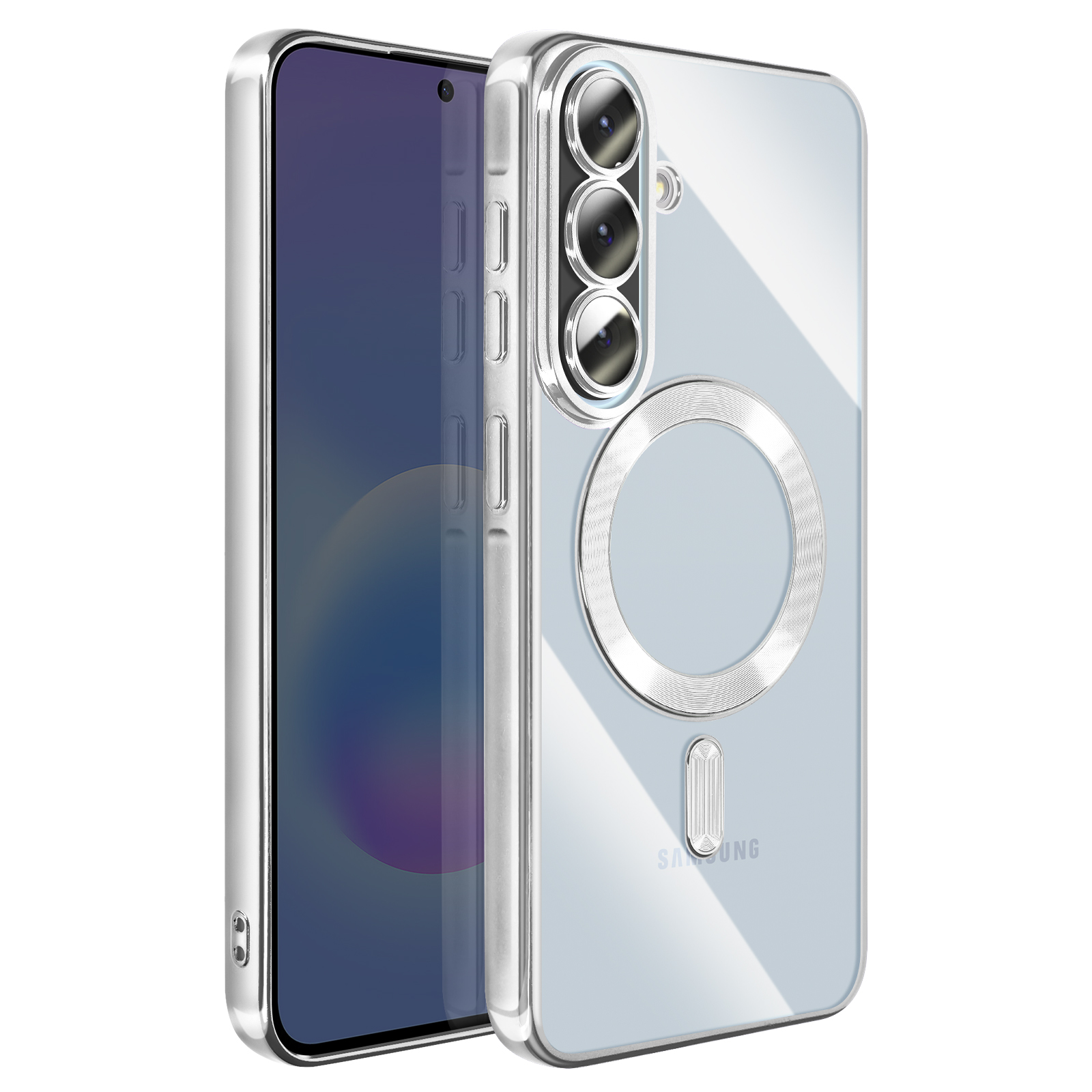 Coque de téléphone transparente avec bordure argentée, trois caméras et anneau magnétique.
