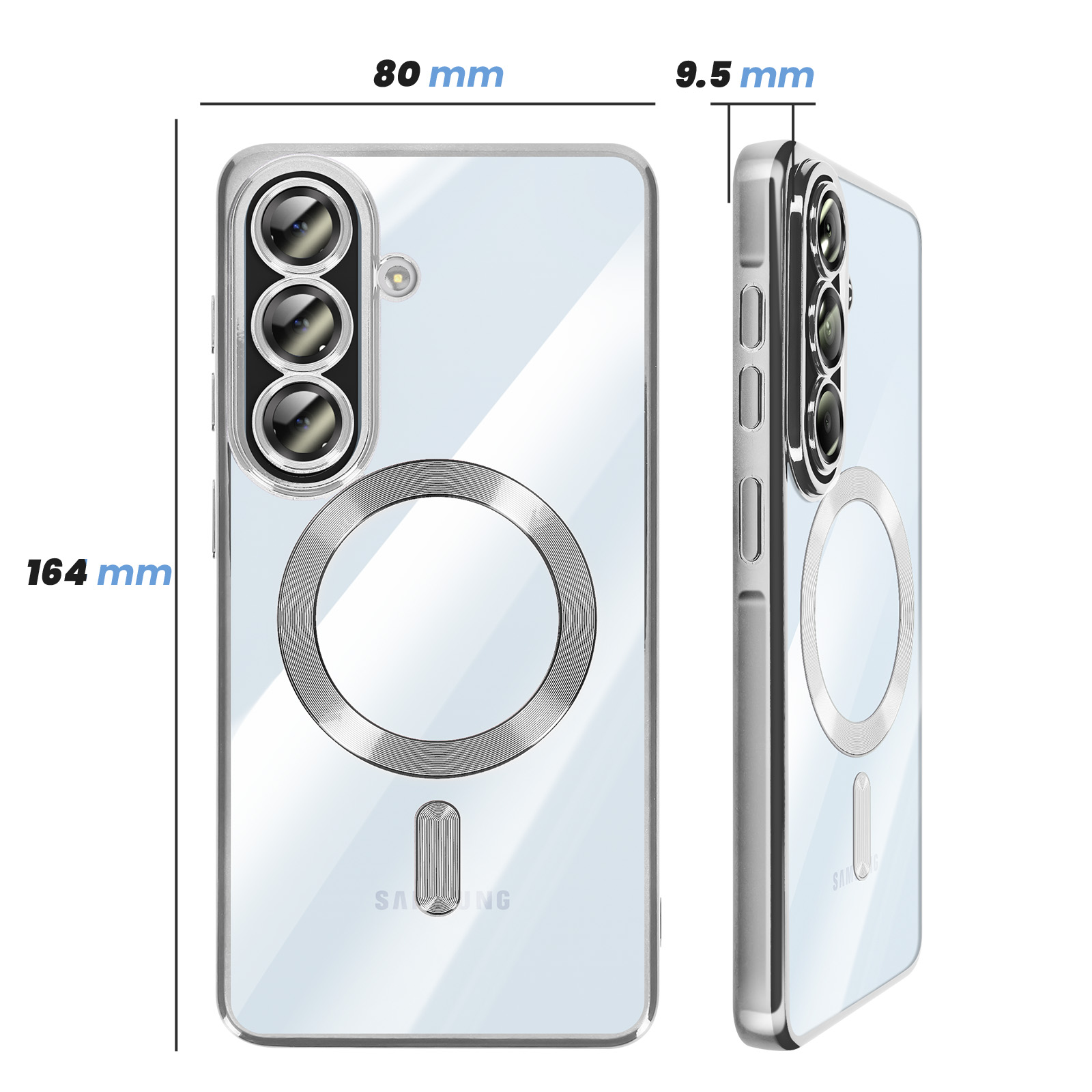 Coque de téléphone transparente avec bloc caméra, anneau magnétique et dimensions.