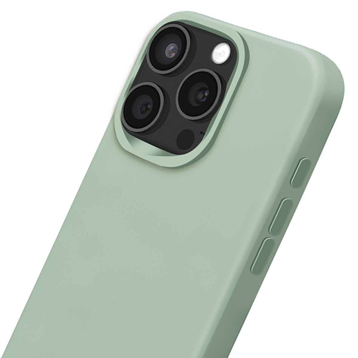 Une coque de téléphone verte avec un module caméra triple objectif.