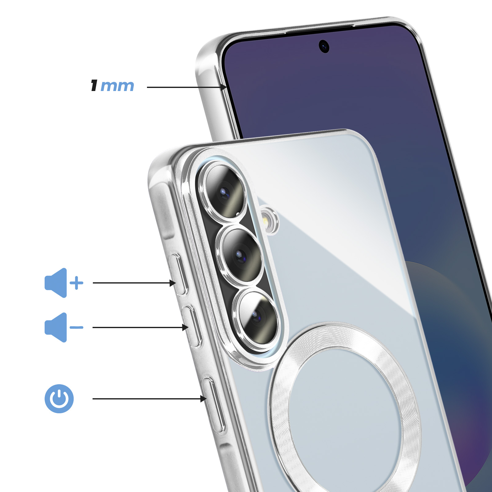 Coque de téléphone transparente sur smartphone, montrant un bord surélevé de 1 mm, boutons volume et alimentation.