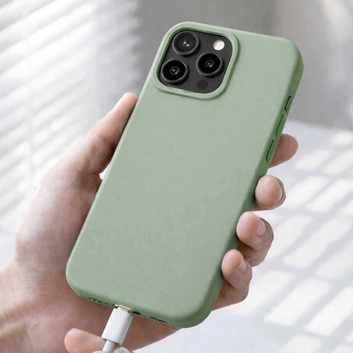 Coque de téléphone verte avec trois caméras, en charge.