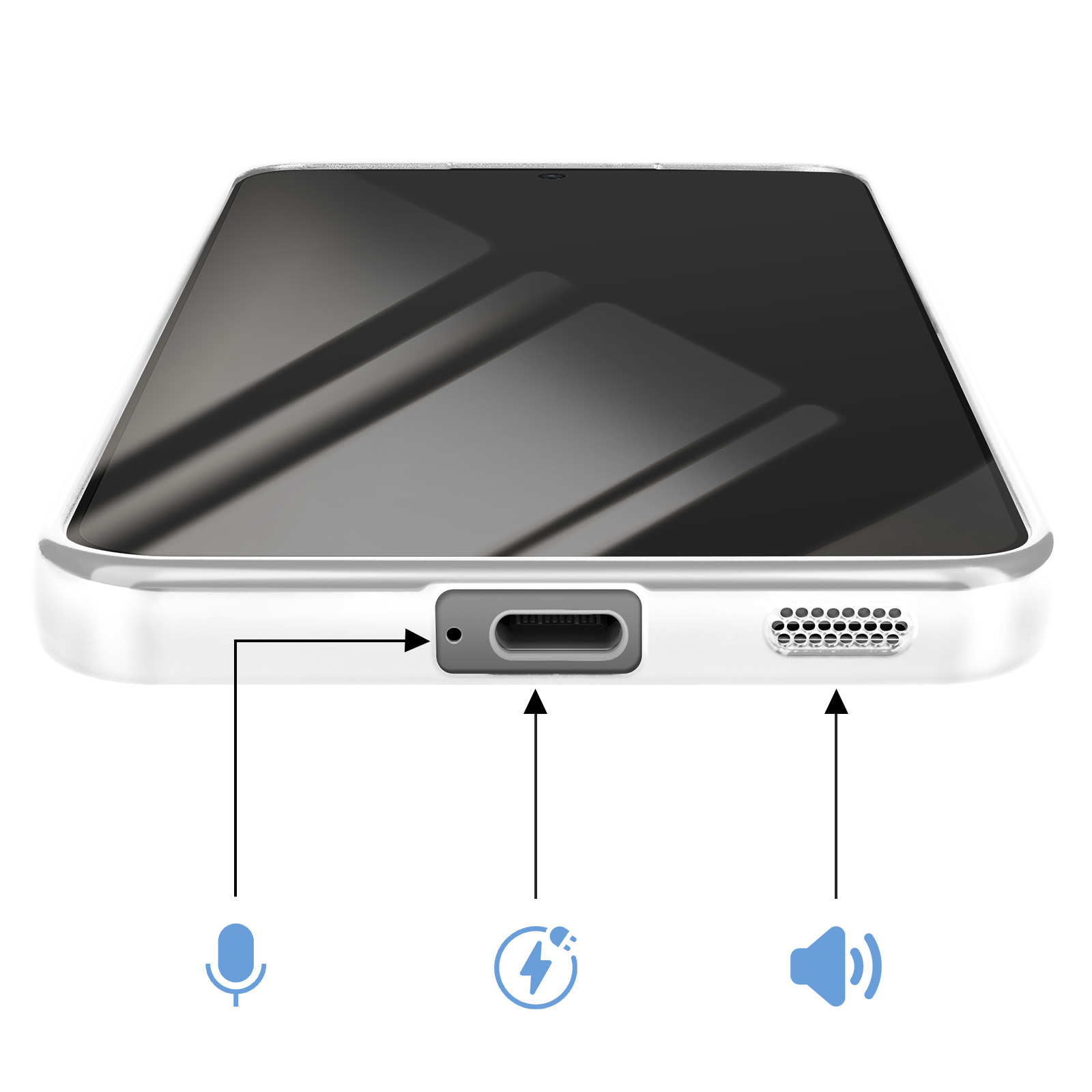 Gros plan du bord inférieur d'un smartphone blanc montrant les ports.