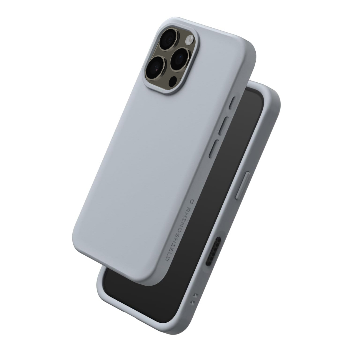 Un téléphone gris clair avec trois caméras et une coque sur fond blanc.