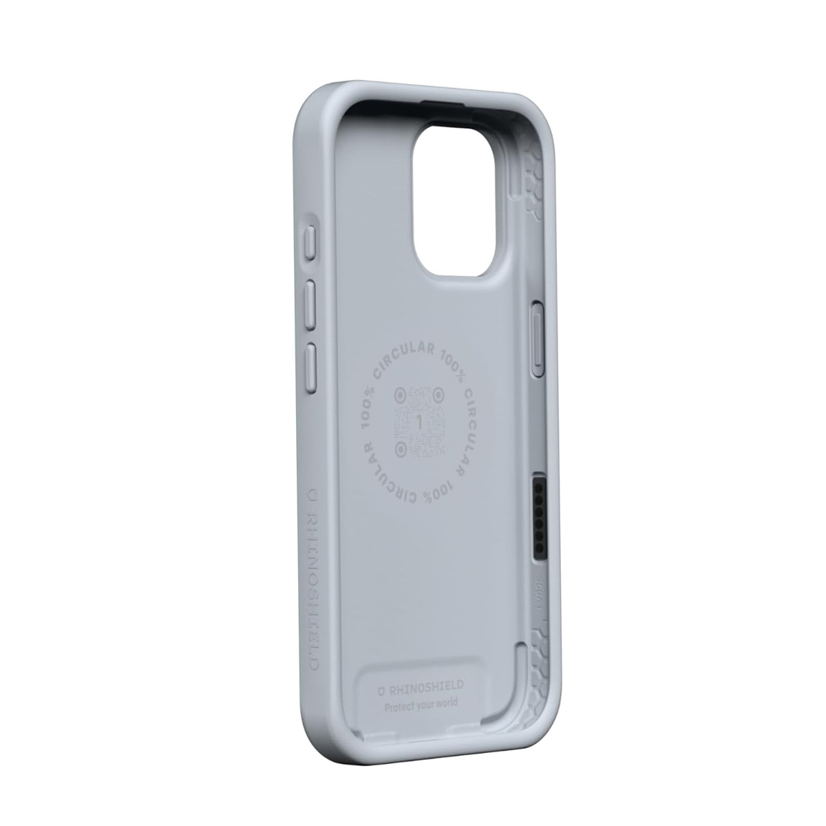 Coque de téléphone grise avec impression circulaire 'Circular 100%' et code QR.