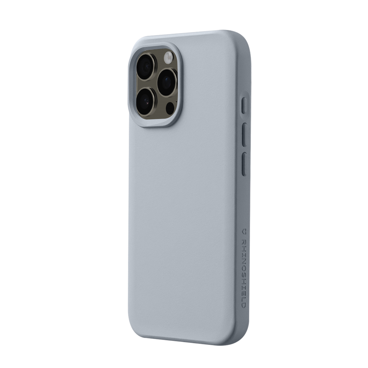 Coque de téléphone gris clair avec triple appareil photo et boutons latéraux.