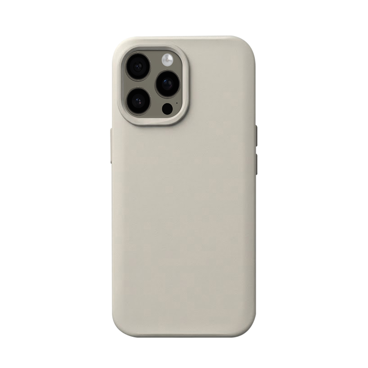 Une coque de téléphone gris clair avec trois objectifs et un flash.