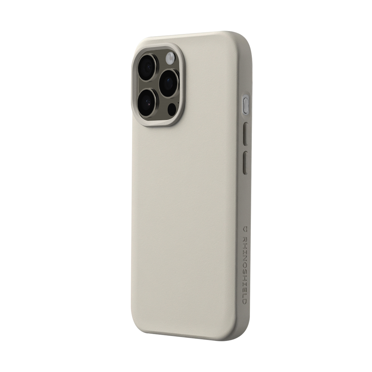 Une coque de téléphone neutre et claire avec trois objectifs et le logo RhinoShield.
