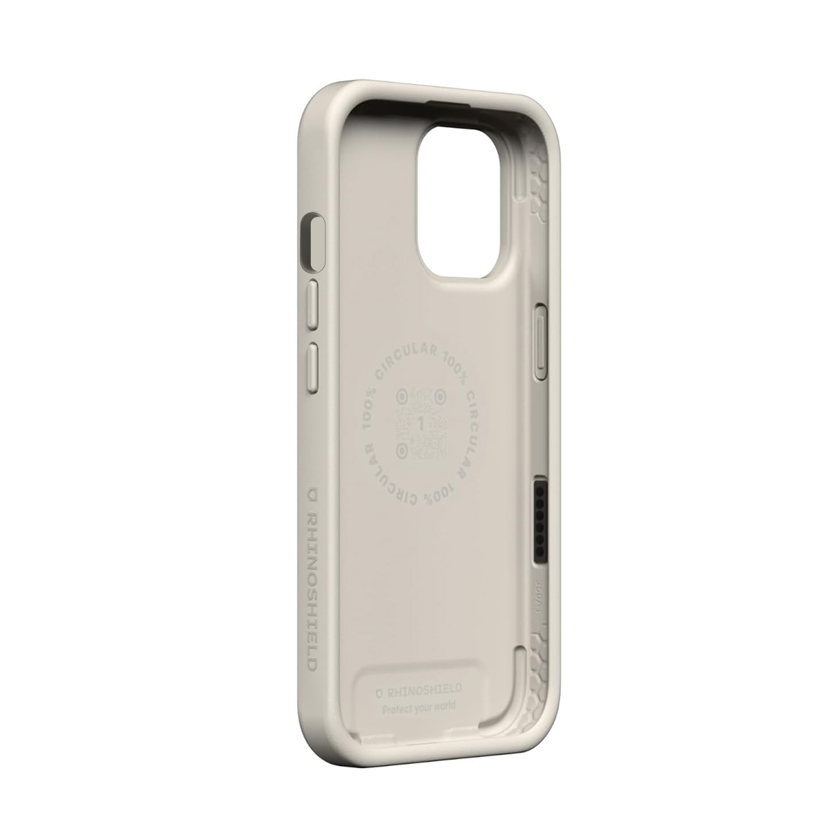 Une coque de téléphone rectangulaire de couleur claire avec un motif circulaire et le texte 'RhinoShield'.