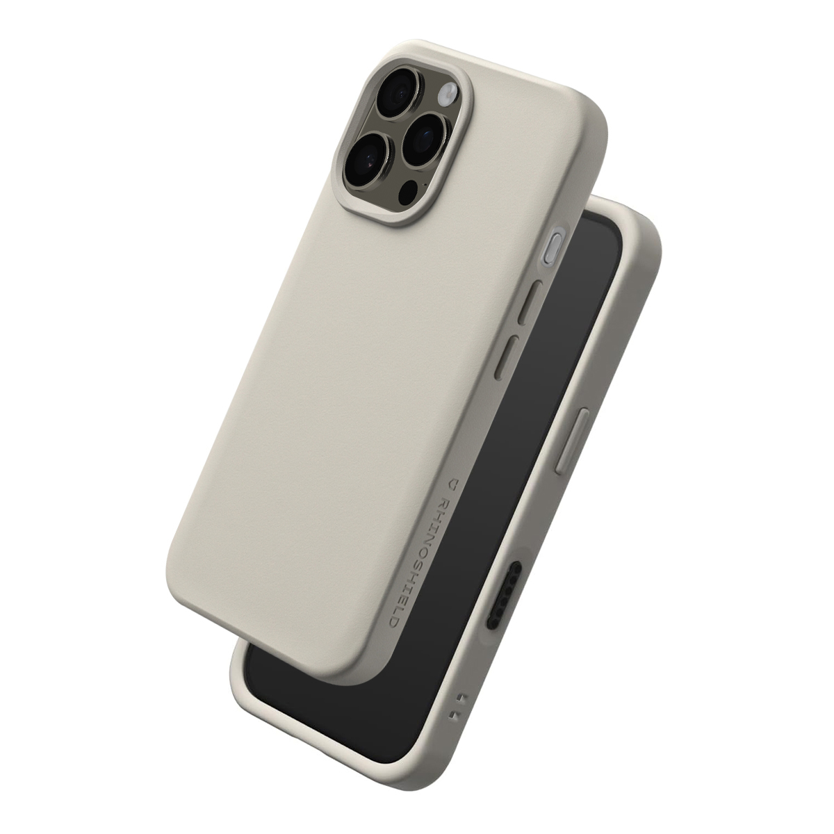 Une coque d'iPhone beige clair avec découpe triple caméra est présentée.