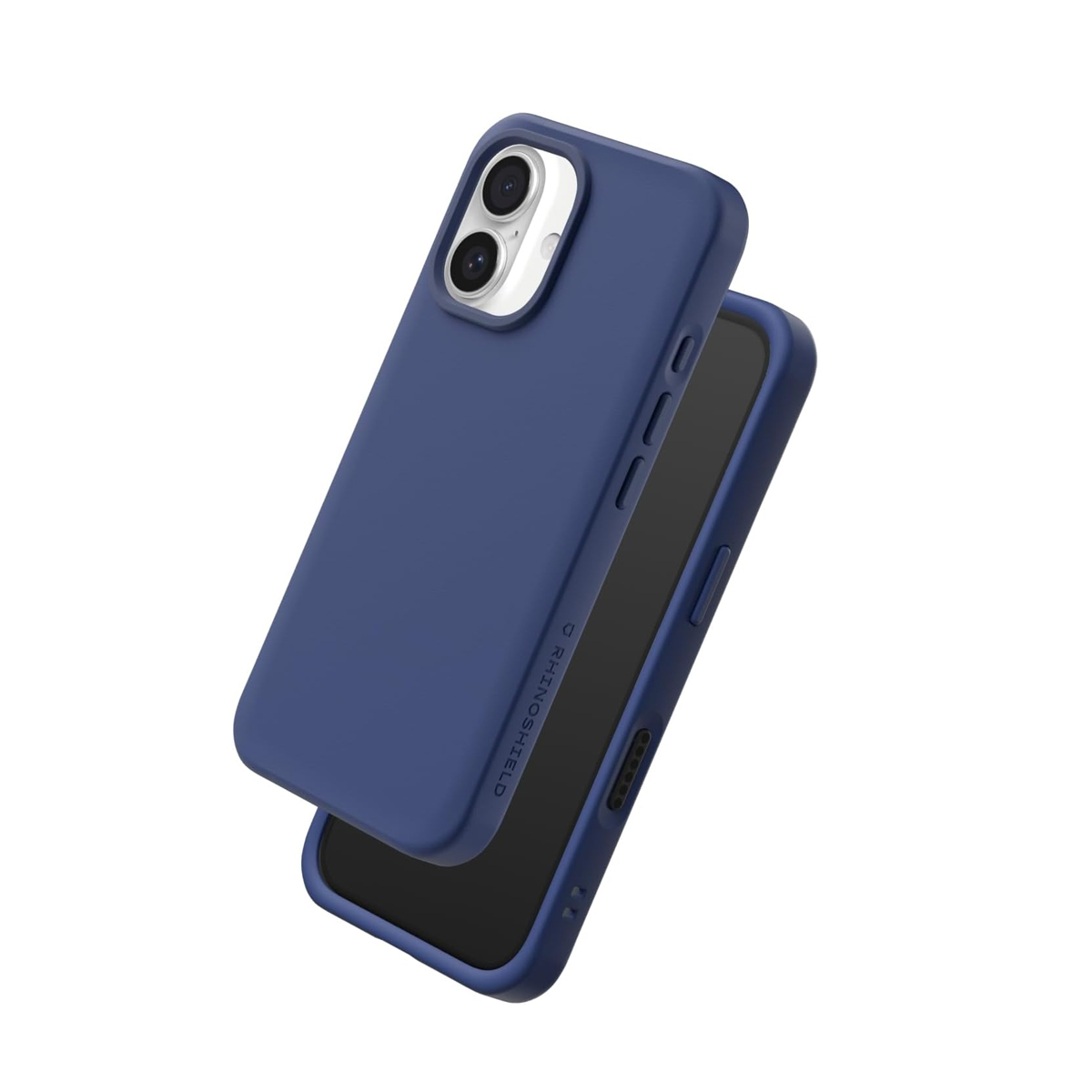 Funda de teléfono azul oscuro sobre fondo blanco.