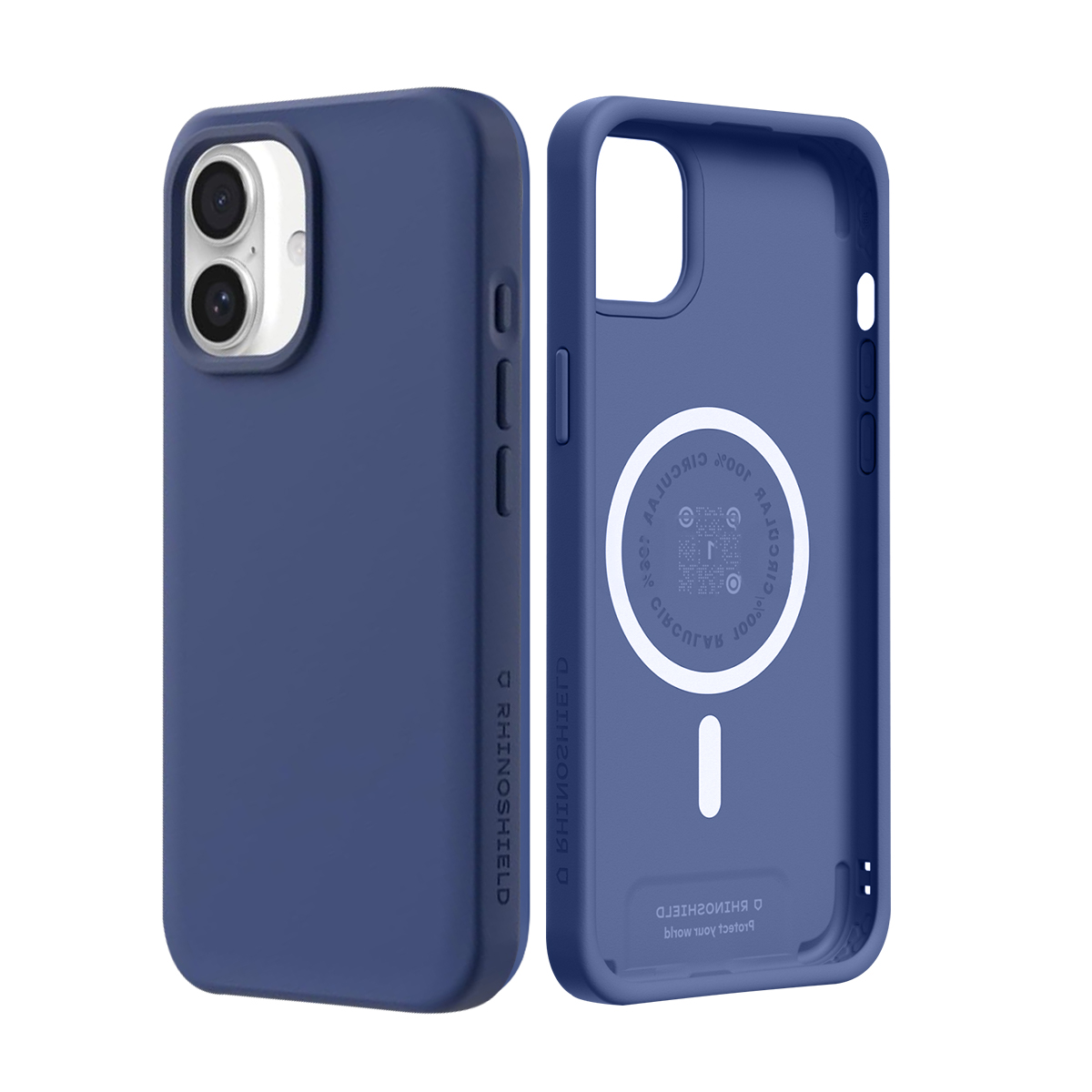 Dos fundas de teléfono azules una al lado de la otra. Una muestra la parte trasera.