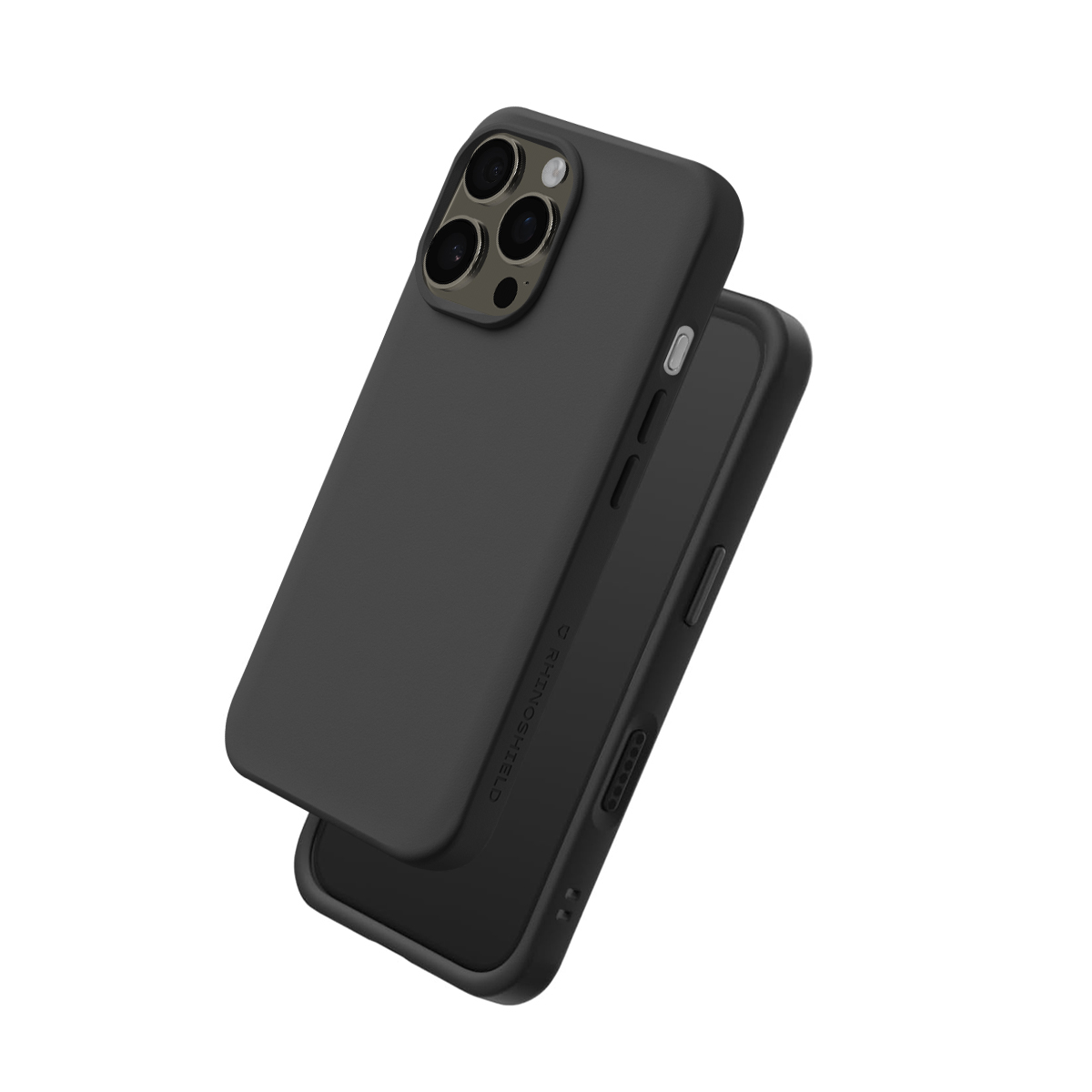 Un smartphone noir avec une coque de protection, texte "RHINOSHIELD" au dos.