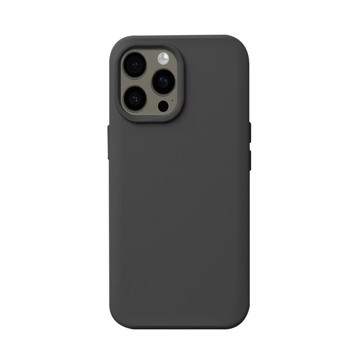 Coque de téléphone gris foncé avec triple objectif et flash.