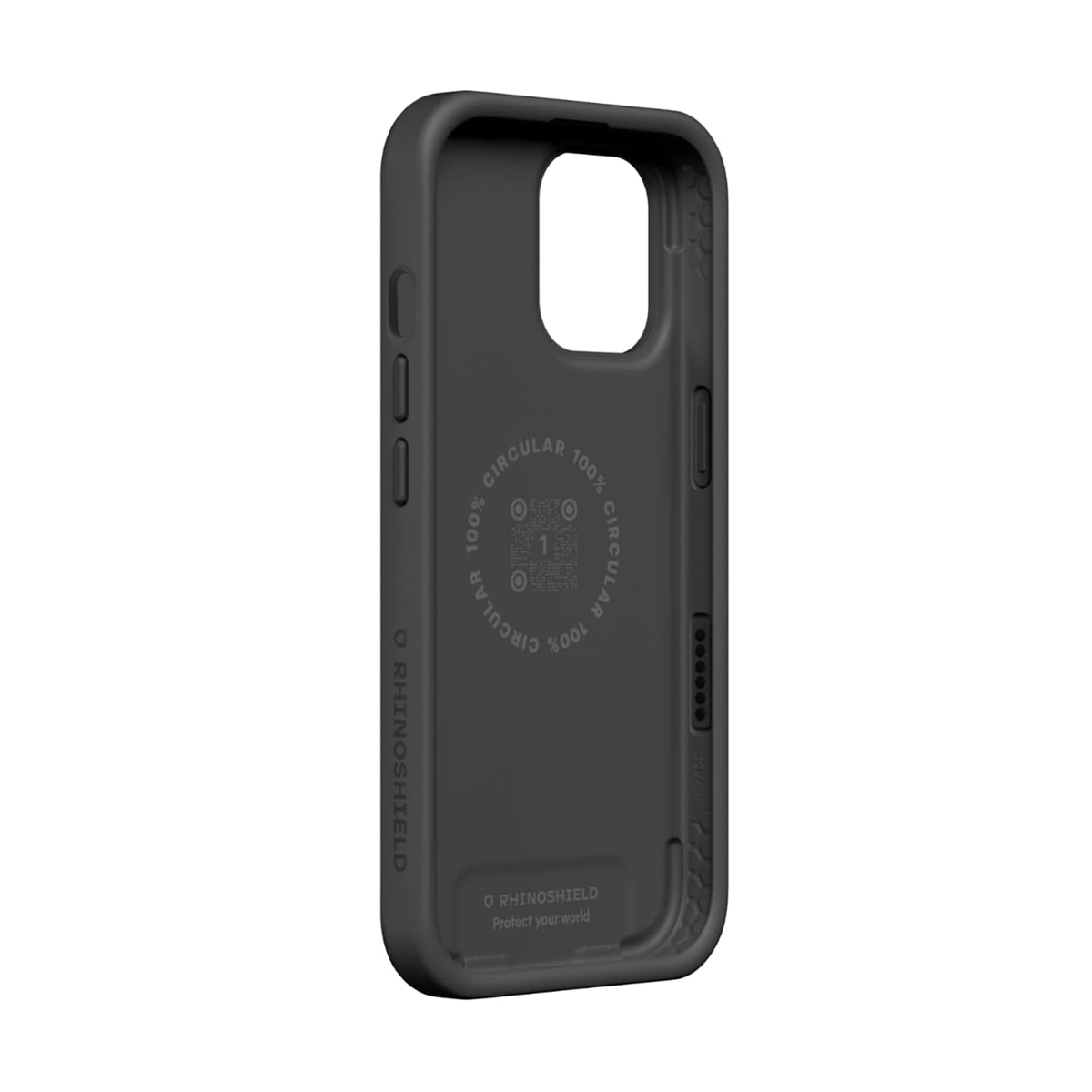Coque de téléphone noire avec logo 100% CIRCULAR et marque RhinoShield.