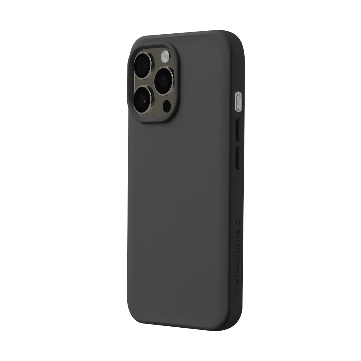 Coque de téléphone gris foncé avec trois objectifs de caméra et logo Rhinoschild.