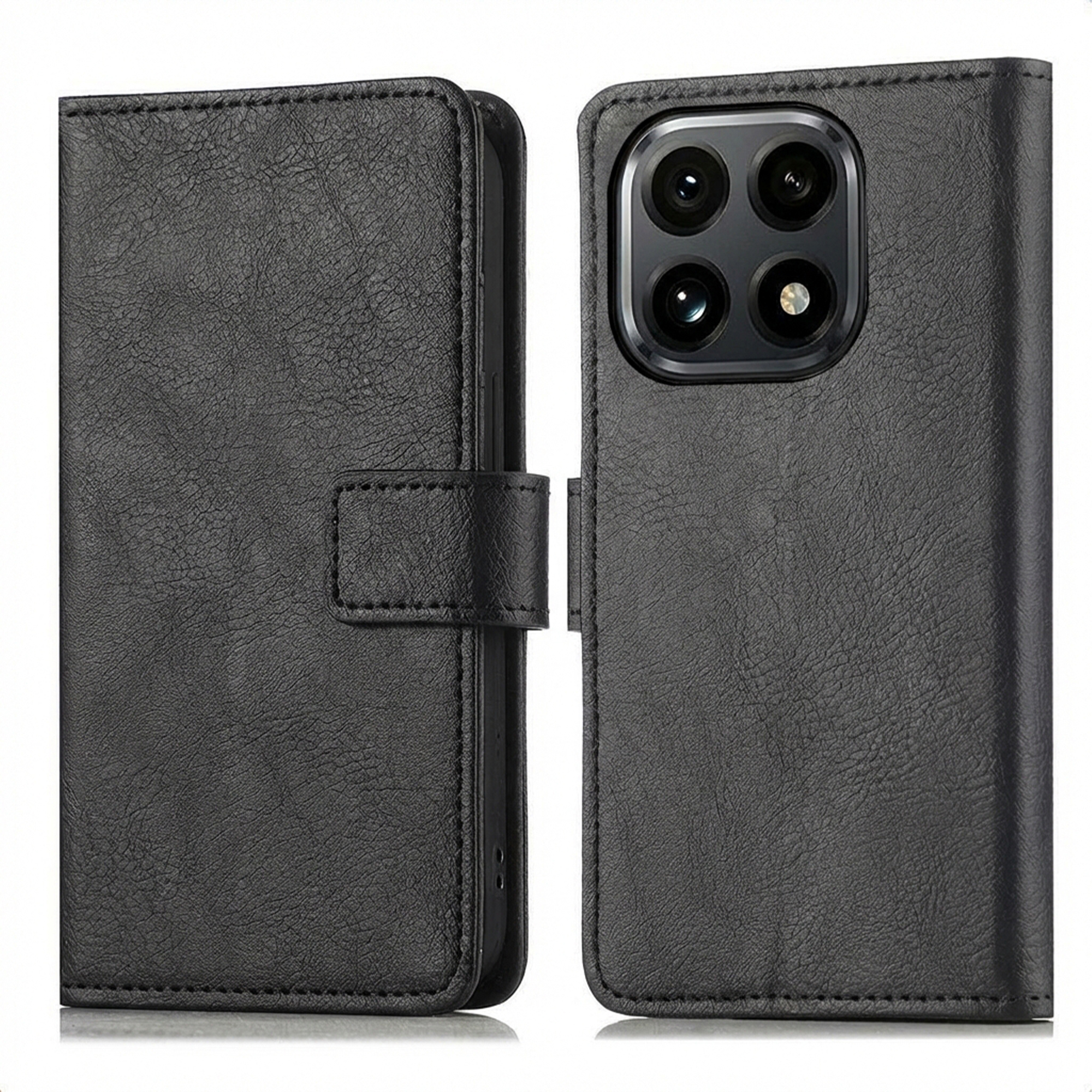 Zwarte lederen flipcase voor smartphone met quad camera-opstelling.