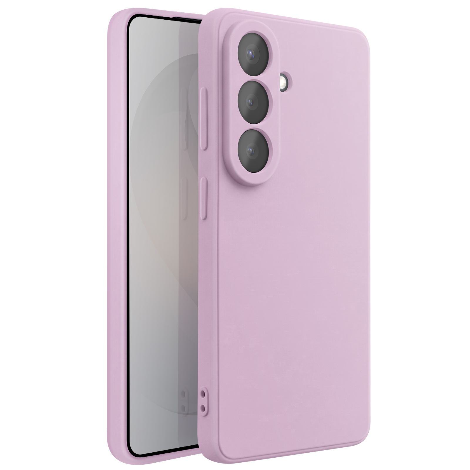 Un smartphone rose pâle avec trois caméras arrière, isolé sur fond blanc.