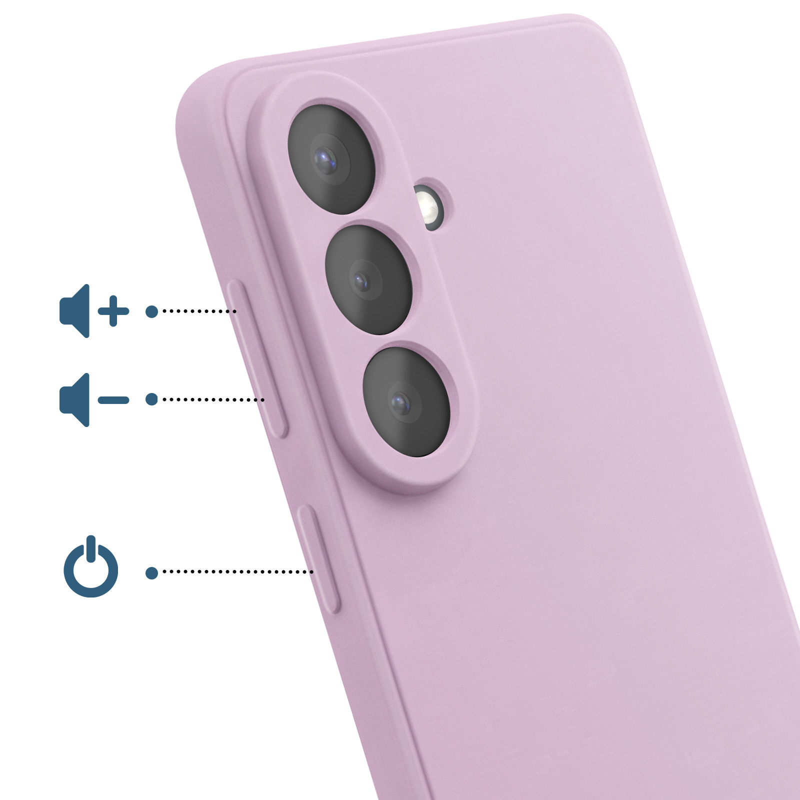 Coque de téléphone violette avec appareil photo et icônes volume/alimentation.