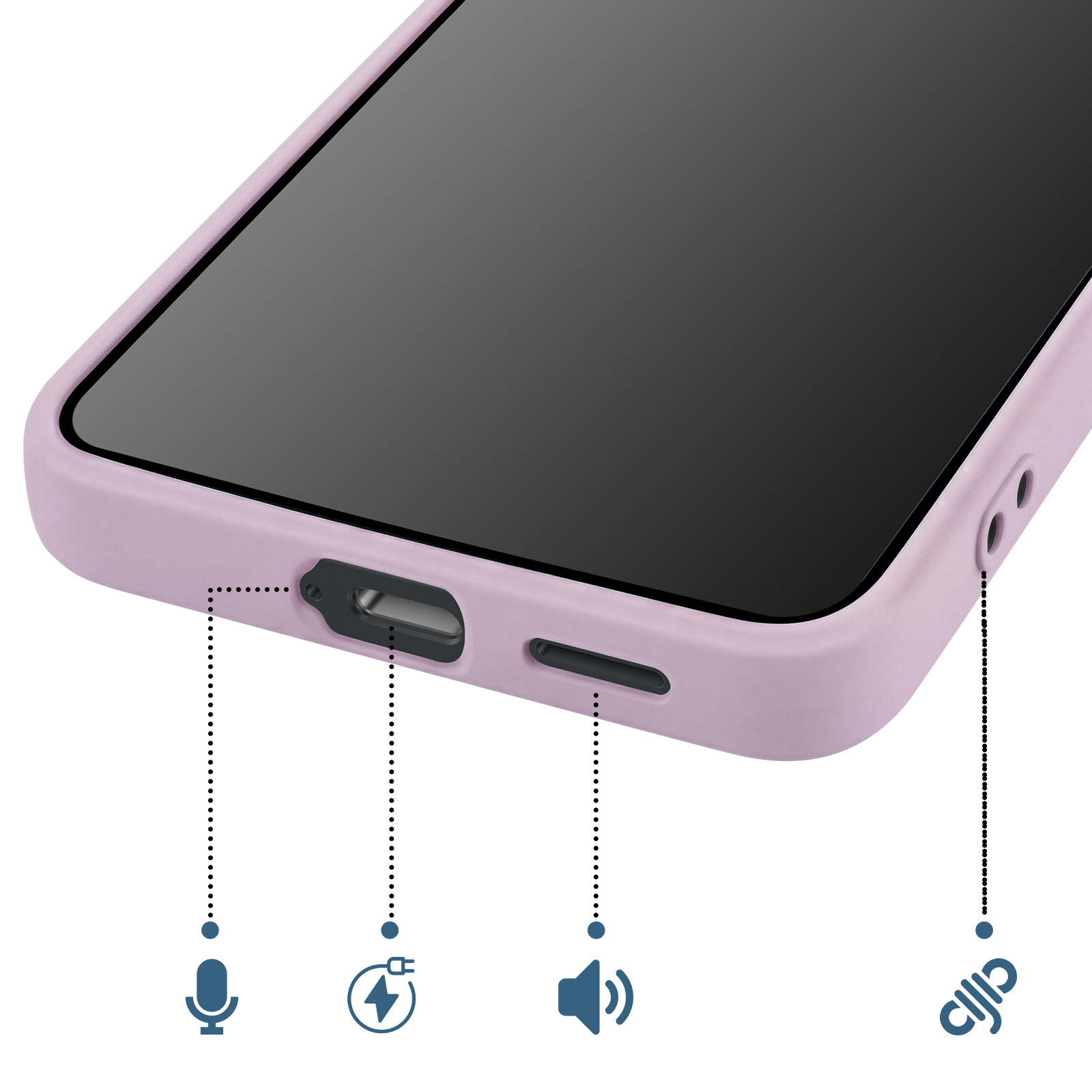 Coque de téléphone violette avec ports : micro, charge, haut-parleur et prise casque.