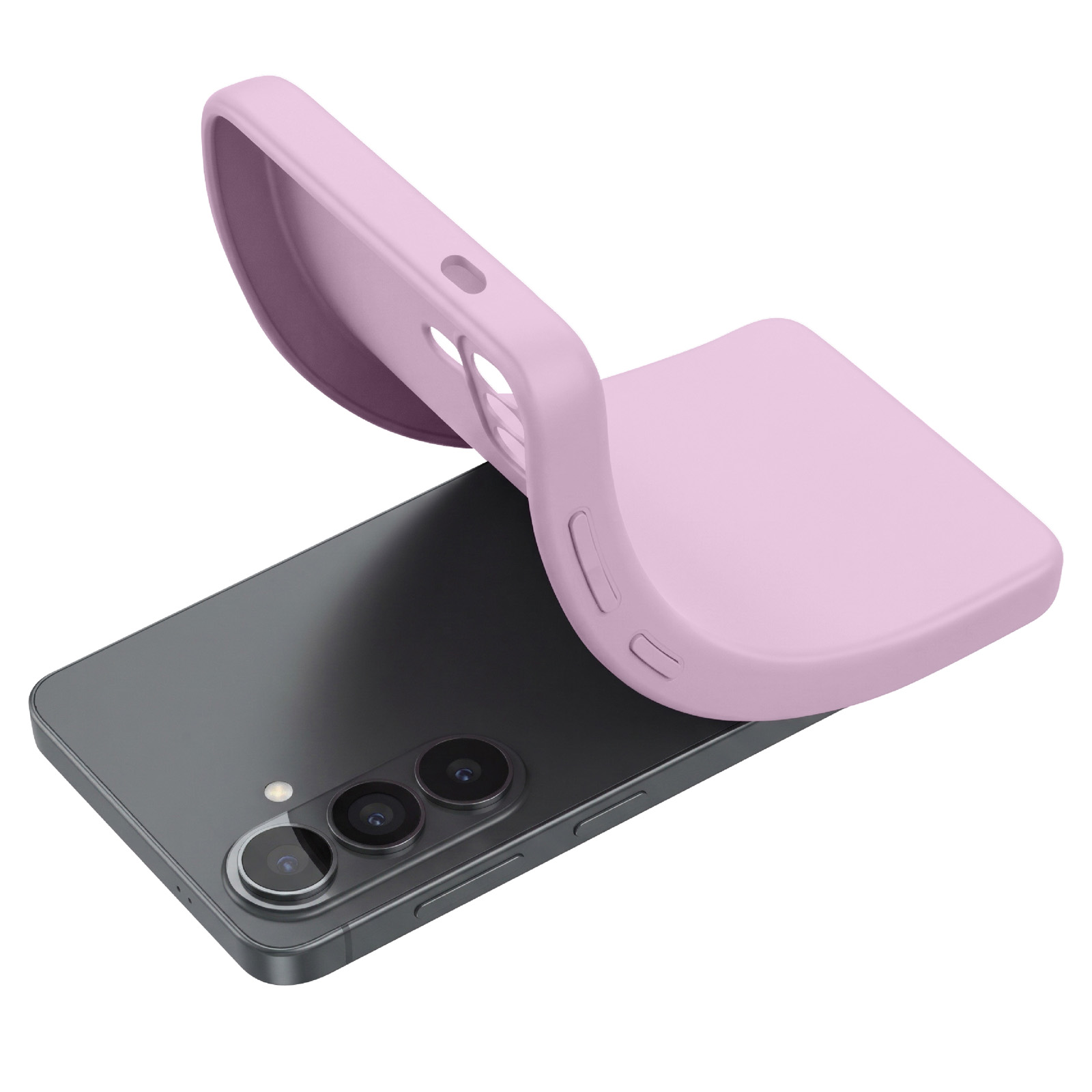 Un étui de téléphone violet clair est placé sur un smartphone gris.
