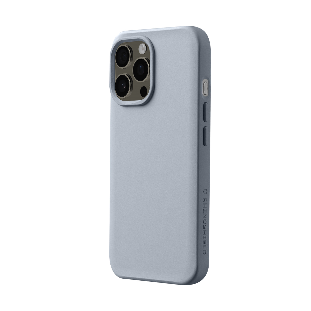 Une coque de téléphone gris bleuté avec trois objectifs et un flash.