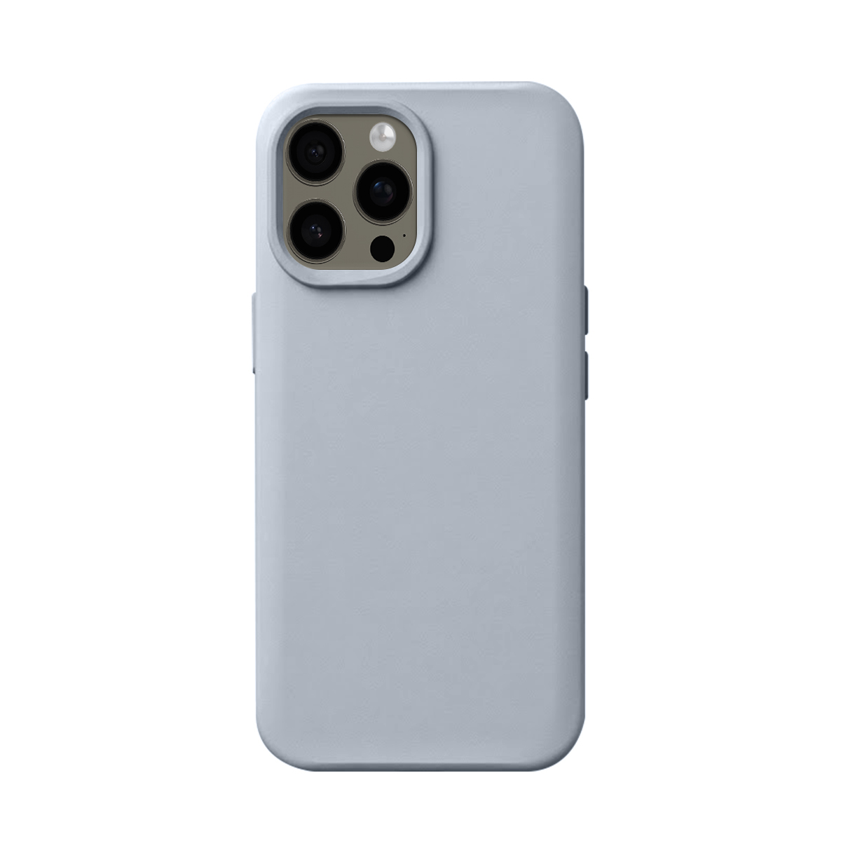 Une coque de téléphone bleu clair avec quatre appareils photo à l'arrière, sur fond blanc.