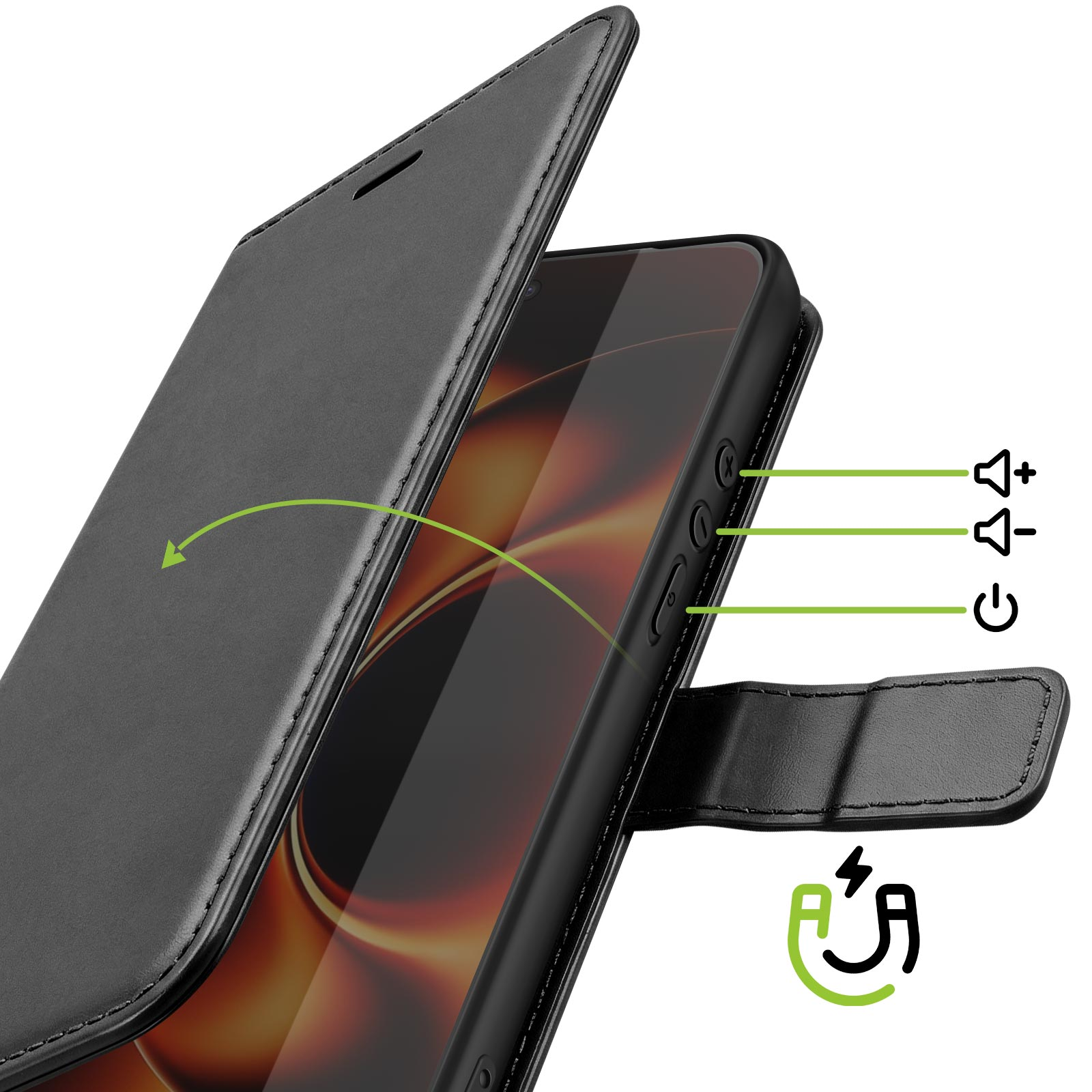 Zwarte telefoonhoes met open klepdeksel, volume- en aan/uit-knoppen zichtbaar.