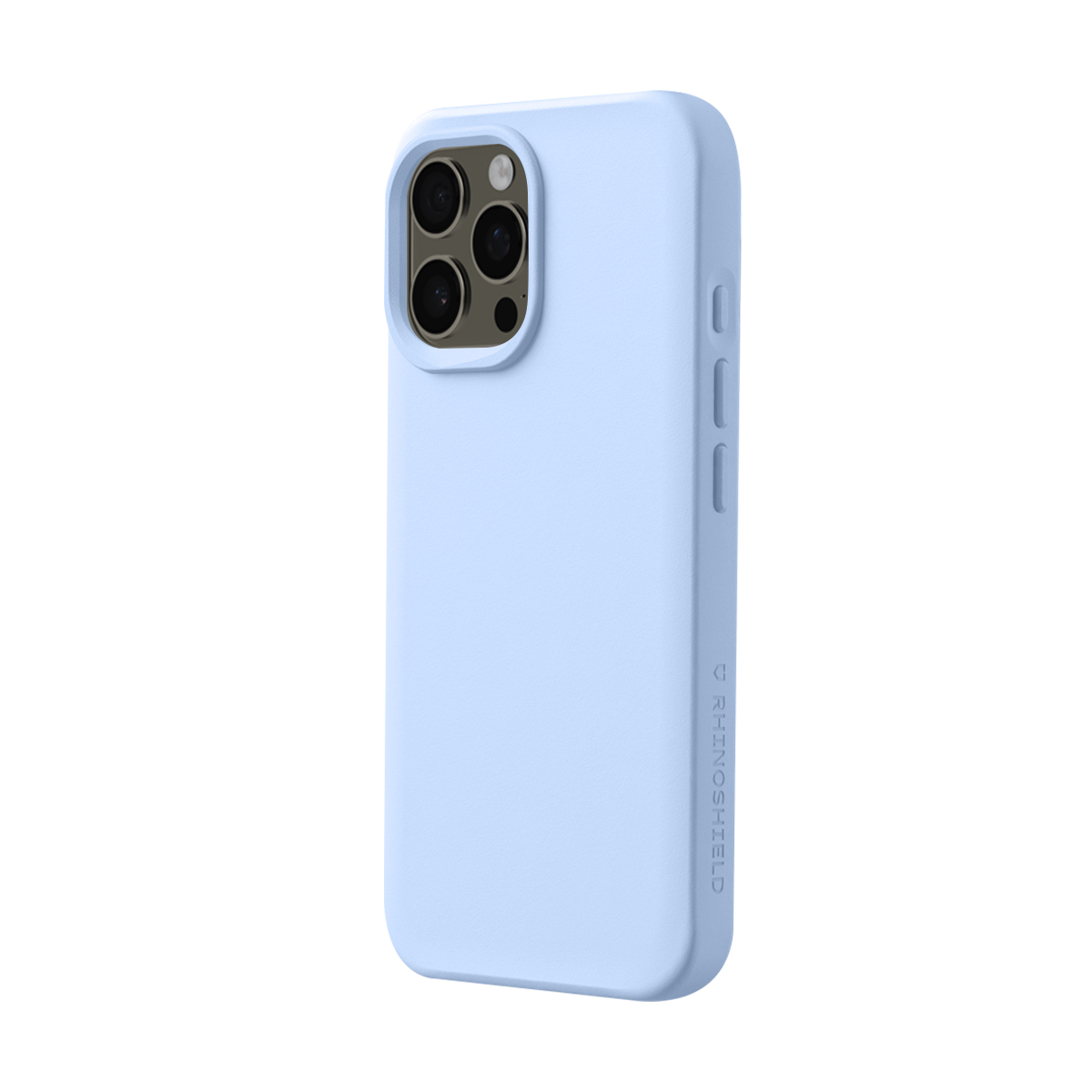 Een lichtblauwe telefoonhoes met een cameralensmodule met vier lenzen.