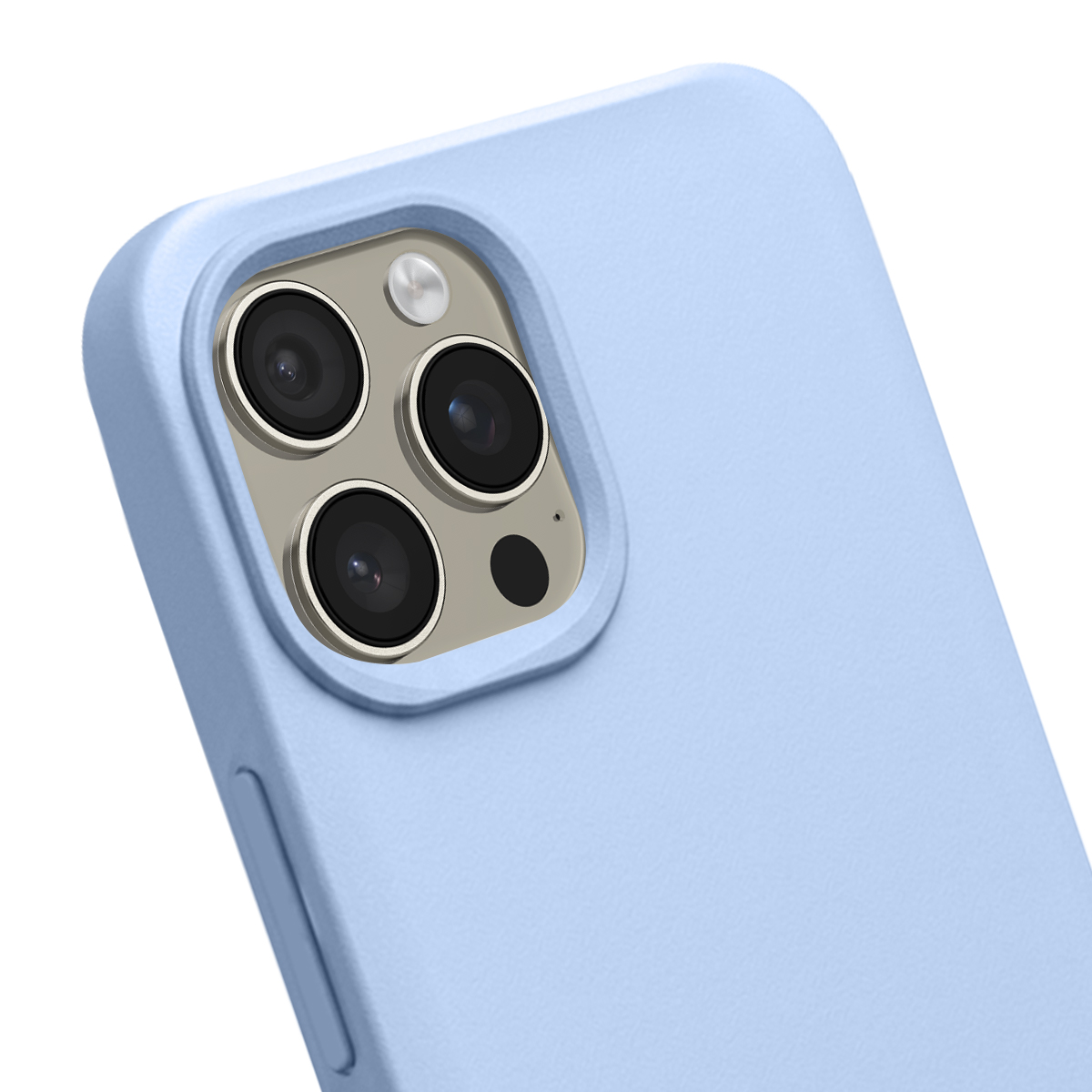 Close-up van een lichtblauwe telefoonhoes met cam-module met drie lenzen.