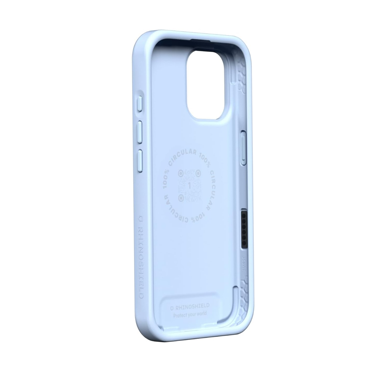 Lichtblauwe telefoonhoes met circulaire opdruk en QR-code.