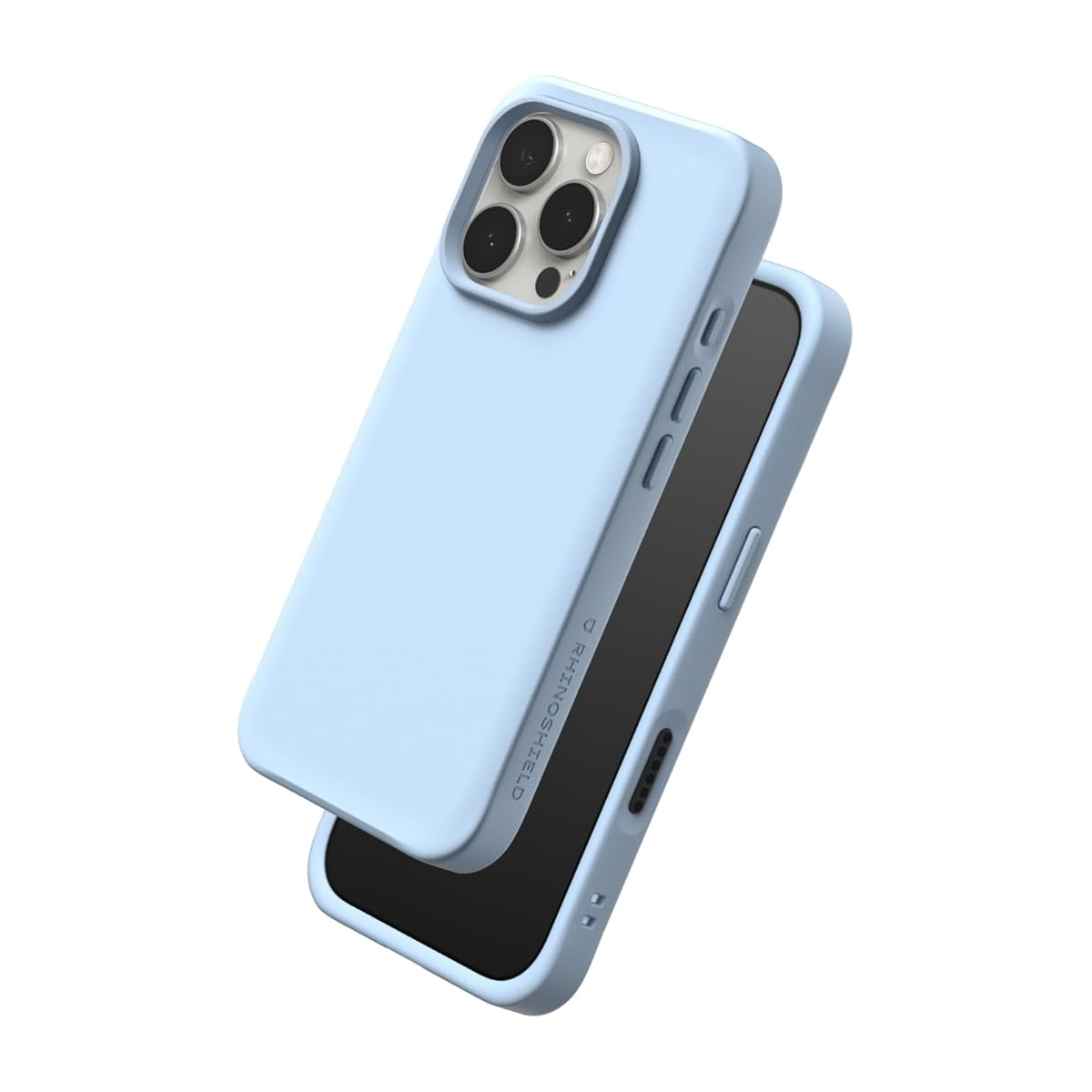 Een lichtblauwe telefoonhoes over een iPhone op witte achtergrond.