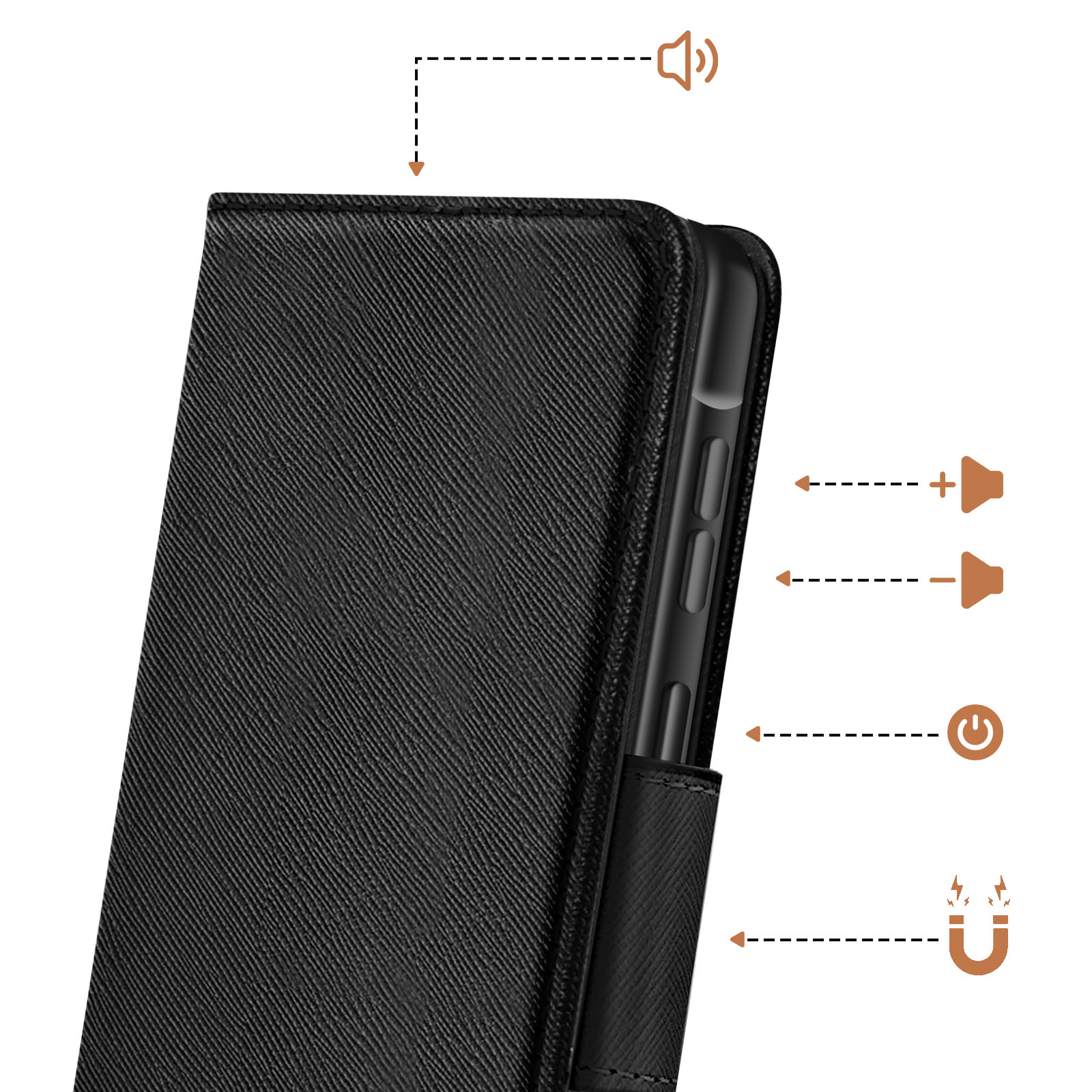 Custodia nera per telefono con icone volume, accensione e magnete.