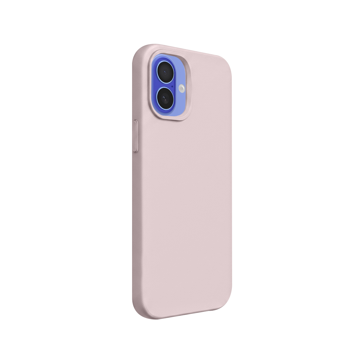 Une coque de téléphone rose pâle avec découpe pour appareil photo et anneaux bleus.
