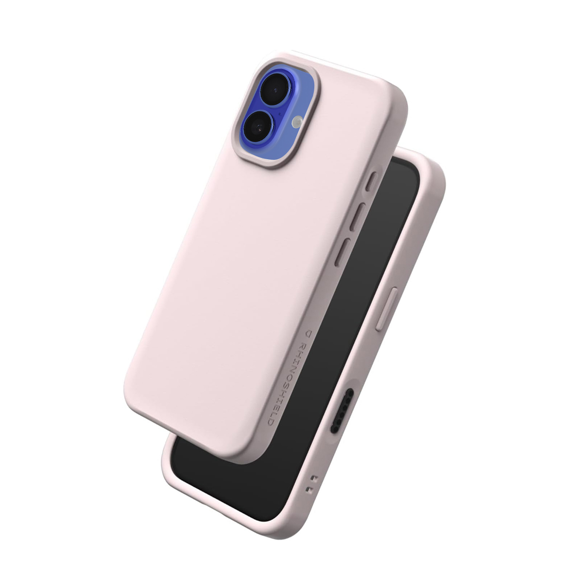 Une coque de téléphone rose avec deux objectifs photo et un contour bleu.