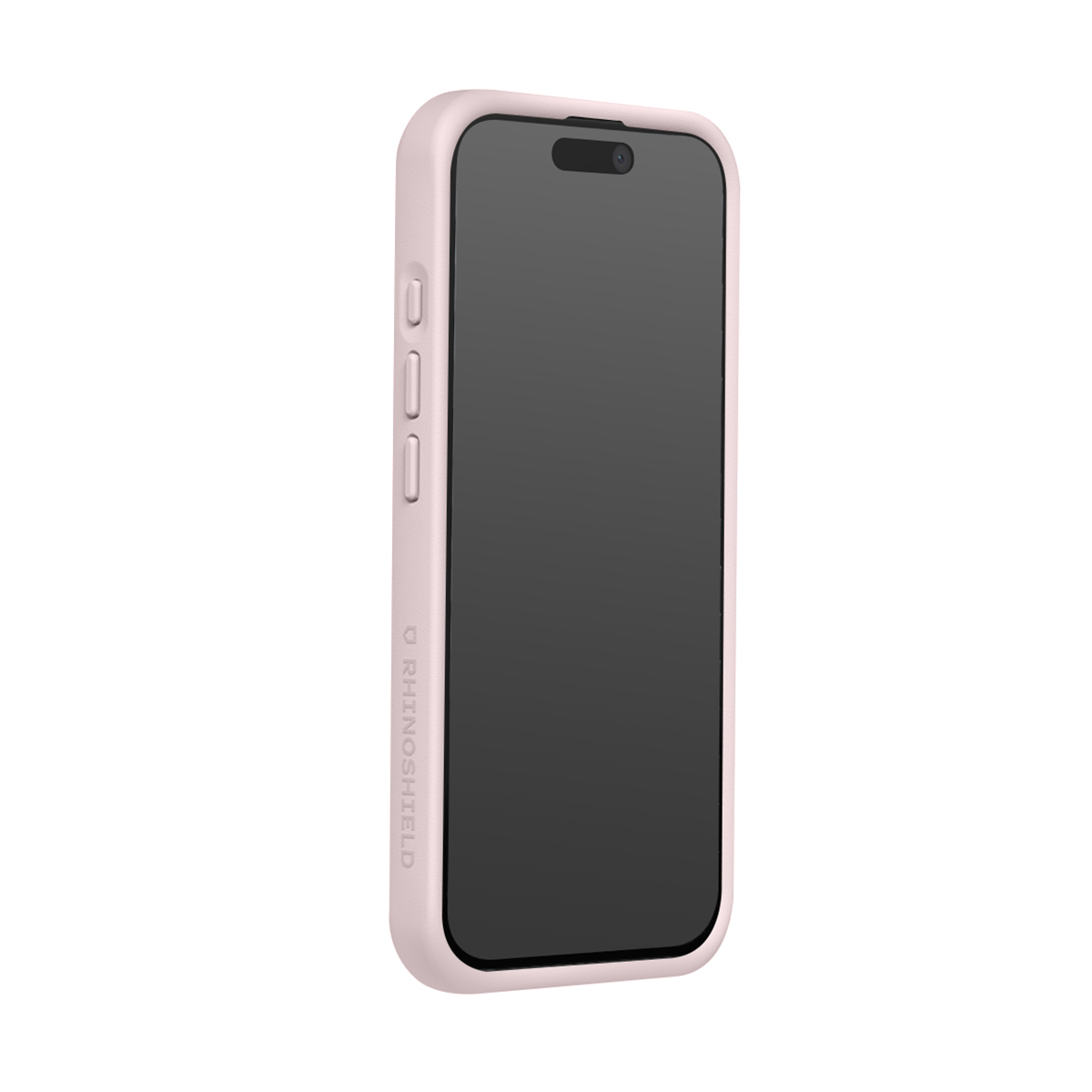 Une coque rose clair pour iPhone avec boutons et logo RHINOSHIELD.