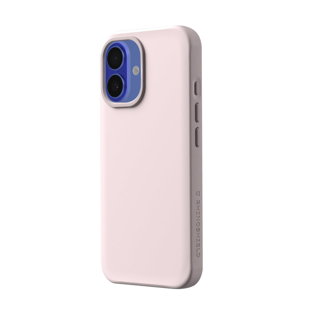 Une coque iPhone rose clair avec découpe caméra et logo.
