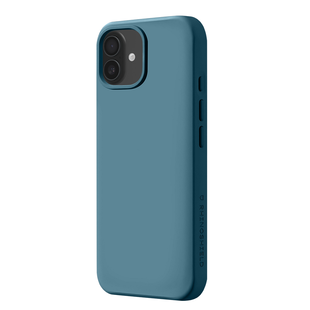 Een blauwe telefoonhoes met camera-uitsparing en knoppen. Merklogo zichtbaar.
