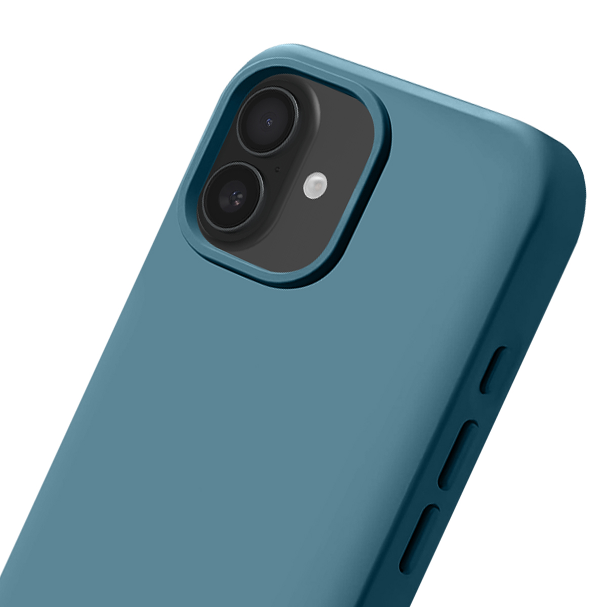 Blauw telefoonhoesje met dubbele camera en flitser aan de achterkant.