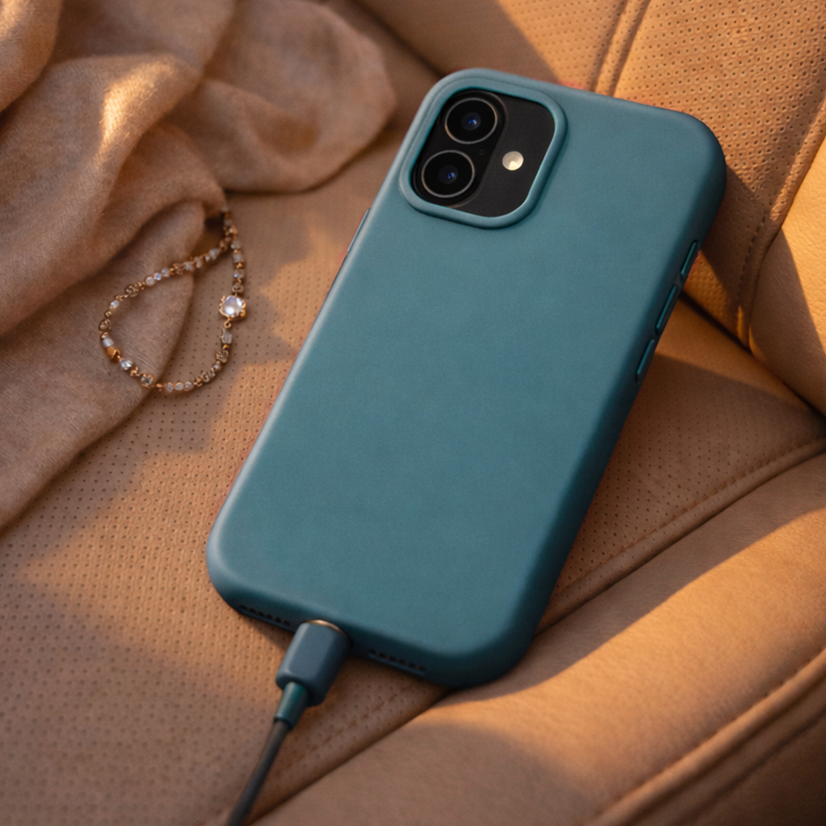 Een tealkleurige telefoon in hoes met oplaadkabel ligt op een leren stoel.