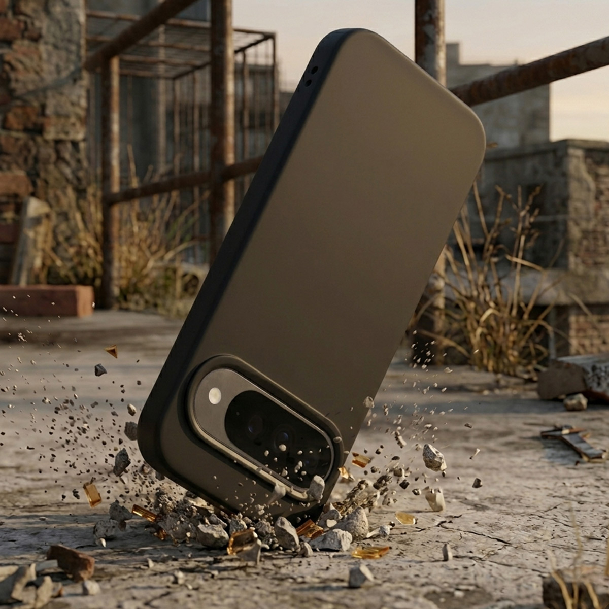 Een zwarte smartphone valt op beton en versplintert.