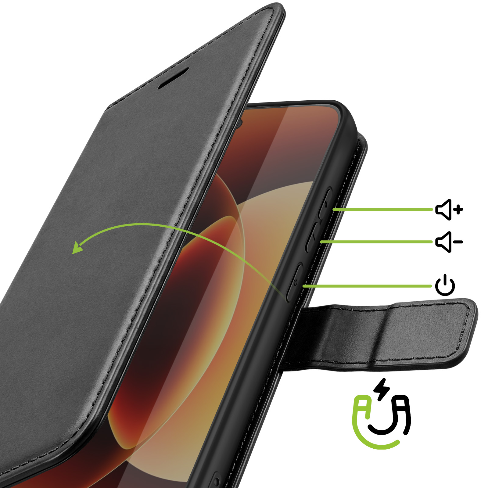 Étui de téléphone à rabat noir avec boutons de volume et d'alimentation.