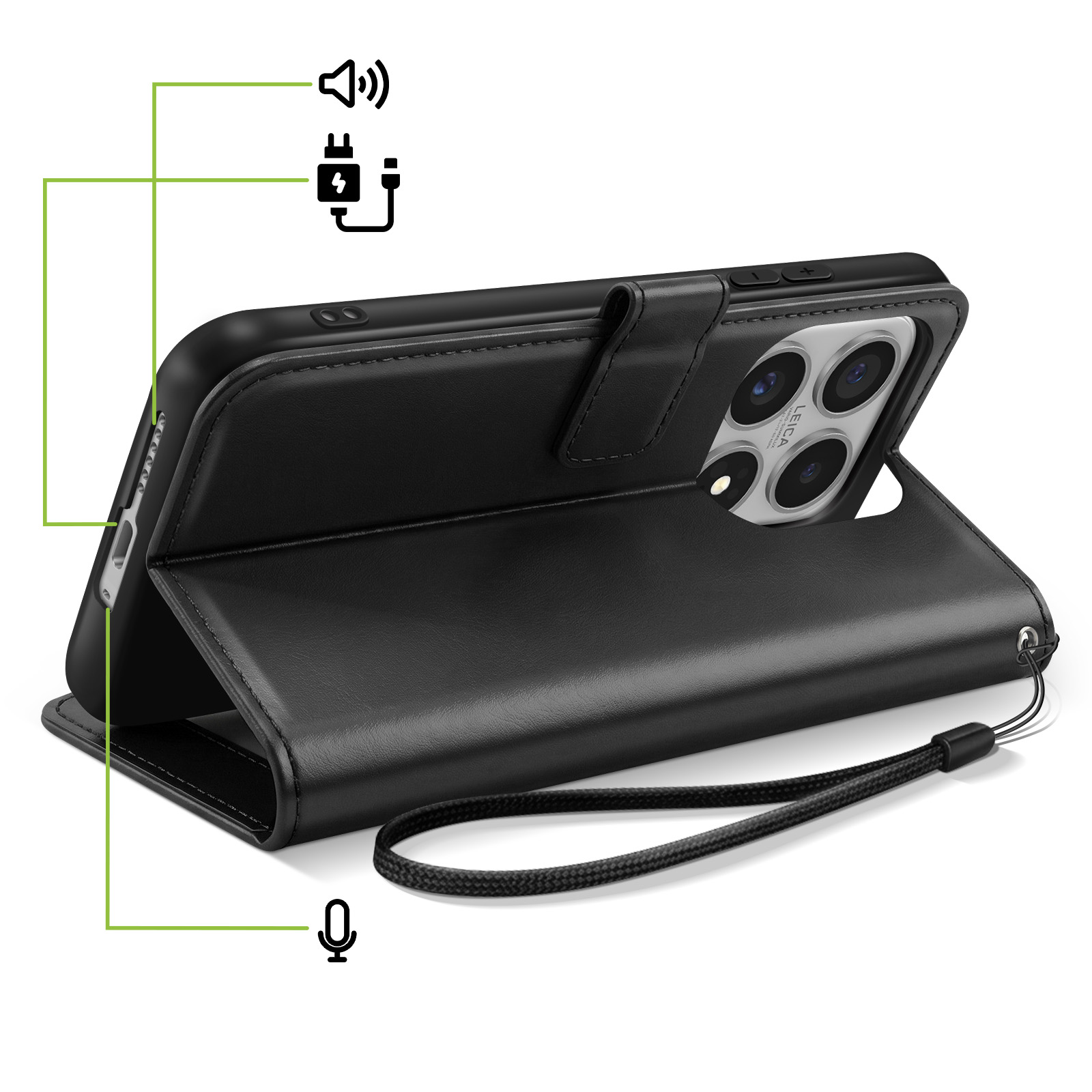 Étui portefeuille noir pour téléphone avec protection caméra et dragonne. Icônes : haut-parleur, chargeur, micro.